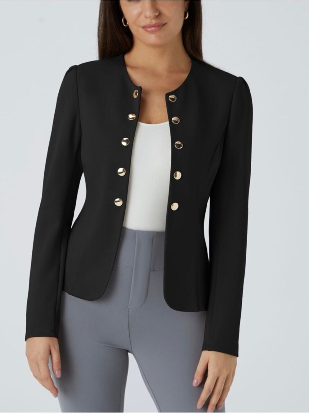 Halara Blazer Womens Large Black Open Front Jacket Gold Button Stretch Classic